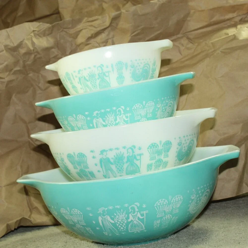 Vtg PYREX AMISH BUTTERPRINT Cinderella Mixing Nesting Bowl SET 441 442 443 444